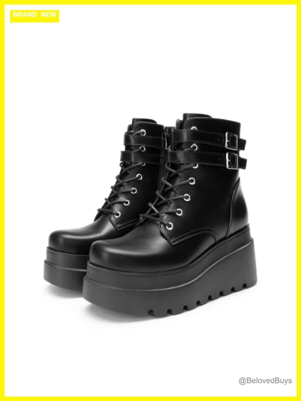 Women's Platform Combat Ankle Boots Chunky High Heel Lace Up Motorcycle Booties - Picture 3 of 7